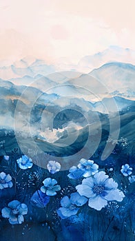 A dreamy landscape in soft watercolors, capturing blue flowers scattered across gentle hills.AI Generate