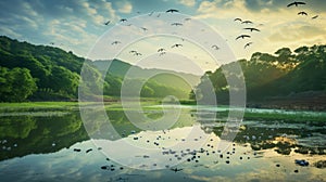 Dreamy Landscapes: Birds Soaring Above A Serene Small Lake