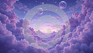 Dreamy Lavender Cloudscape with Floating Bubbles