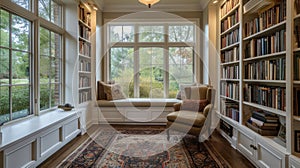 A dreamy library with walltowall bookshelves and a comfortable window seat overlooking a tranquil garden. Soft neutral