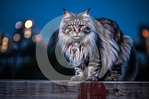 Dreamy Maine Coon Cat on Wooden Fence with City Skyline