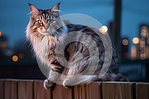 Dreamy Maine Coon Cat on Wooden Fence with City Skyline