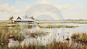 Dreamy Marsh: A Realistic Painting Of An Old Building In A Panoramic Scale photo