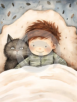 A drawing of a boy lying in bed with a cat