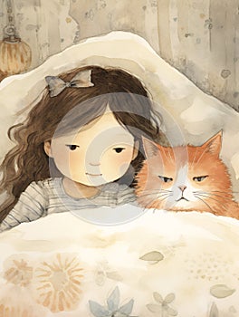 A drawing of a girl lying in bed with a cat