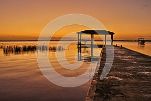 Dreamy morning at the bank of Bacalar lagoon in Mexico