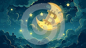 A dreamy night sky illustration featuring the Bitcoin currency symbol glowing on the crescent moon