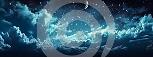 Dreamy Night Sky View With Clouds Moon And Stars Seen From Horizon - Generative AI