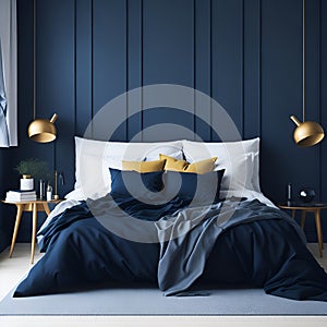 Dreamy Nights: Cozy Dark Blue Bedroom Interior Mockup