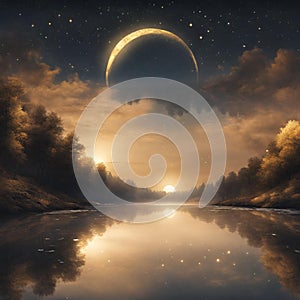 A dreamy nightscape with a golden moon illuminating the sky. Stars twinkle brightly, and a serene river - 1