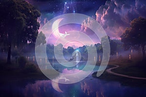 Dreamy nightscapes with mystical celestial beings - Generative AI