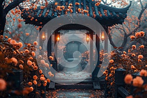 Dreamy oriental gazebo with orange flowers glow