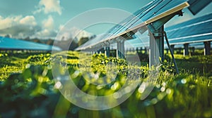 A dreamy outoffocus shot of a solar power plant conveying a peaceful and ecofriendly form of energy production.