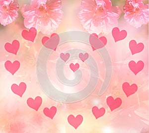 Dreamy pale pink gradient background with roses flowers and heart frame merging in a pastel colored flower composition. Floral