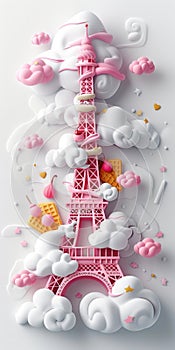 Dreamy Paris Eiffel Tower amidst Clouds, Stars, and Pink Ice Cream