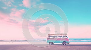 Dreamy Pastel Image of Retro Van Parked on the Sand on a Beach - AI Generated