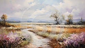 Dreamy Path Through Open Grassland Uhd Painting With Romantic Riverscapes photo