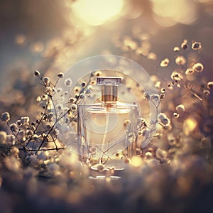 Dreamy Perfume Bottle with Soft Focus. Gentle Glow. Floral Touch. Ai generated