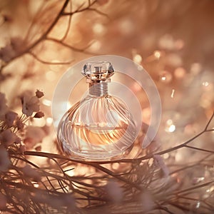 Dreamy Perfume Bottle with Soft Focus. Gentle Glow. Floral Touch. Ai generated