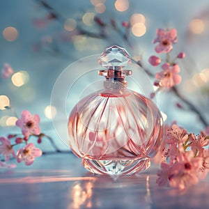 Dreamy Perfume Bottle with Soft Focus. Gentle Glow. Floral Touch. Ai generated