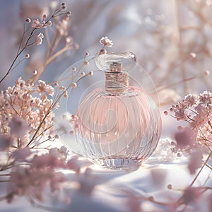 Dreamy Perfume Bottle with Soft Focus. Gentle Glow. Floral Touch. Ai generated