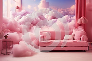 Dreamy Pink clouds room. Generate Ai