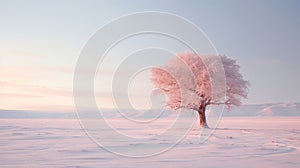 Dreamy Pink Landscape With Lone Tree In Frost Covered Field