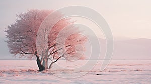 Dreamy Pink Tree In Snowy Landscape: A Soft And Serene Journey