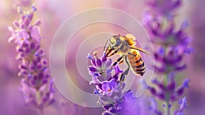 A dreamy portrait of a honeybee savoring the nectar of lavender flowers, set against a mystical purple haze