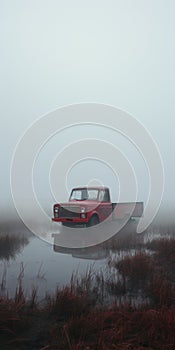 Dreamy Red Truck In Foggy Marsh: Primitivist Realism Cinematic Still