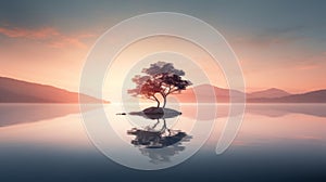 Dreamy And Romantic Sunset: A Delicately Rendered Landscape With A Floating Lone Tree