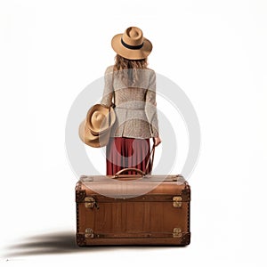Dreamy And Romantic Travel: Ruth Bernhard Inspired Woman With Brown Suitcase