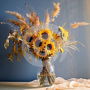 Dreamy Romanticism: A Stunning Vase Of Yellow Sunflowers And Dried Grass