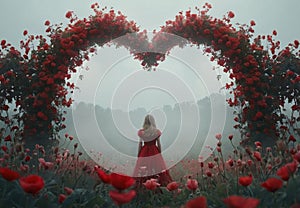 Dreamy Serenade: Woman Before Giant Heart-Shaped Flower Statue