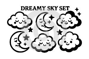 Dreamy sky set with cute smiling clouds and crescent moons with stars vector illustration