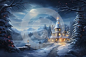 A dreamy snowy landscape village with festive decorations like a snow-covered Christmas tree, twinkling lights, and a snowman,