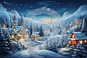 A dreamy snowy landscape village with festive decorations like a snow-covered Christmas tree, twinkling lights, and a snowman,