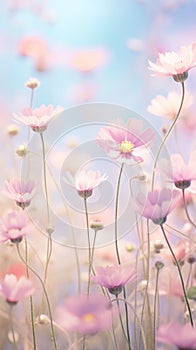 A dreamy spring garden with a soft focus and pastel colors, i
