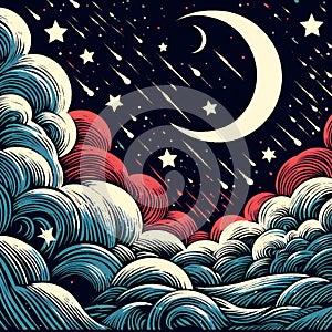 A dreamy starry night sky with spalshing rolling clouds, crescent moon, stars, concept art, fantasy, apparel printing design