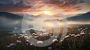 Dreamy Sunrise In A Beautiful Countryside Landscape With Flowers