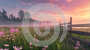 Dreamy sunrise in a foggy meadow with flowers