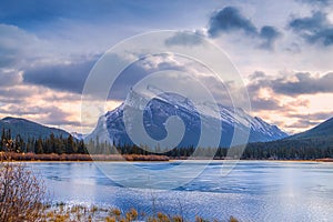 Dreamy Sunrise Over A Frozen Vermilion Lakes Viewpoint