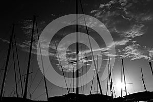 Dreamy sunset above harbour FrÃ©jus france black and white