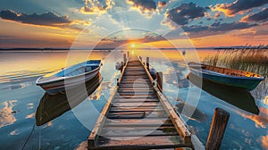 Dreamy sunset over a calm lake with wooden pier and moored rowboats, reflecting the vibrant sky photo