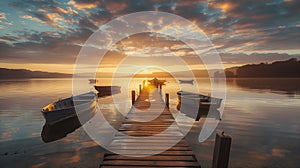 Dreamy sunset over a calm lake with wooden pier and moored rowboats, reflecting the vibrant sky photo