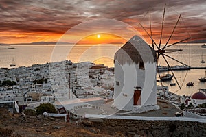 Dreamy sunset over Mykonos town, Cyclades, Greece photo