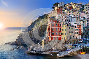 Dreamy sunset in Riomaggiore, Cinque Terre National Park, Italy photo