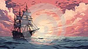 Dreamy Sunset Ship Illustration With Comic Book Vibes