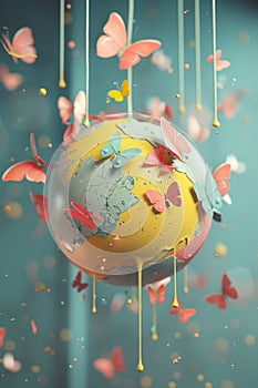 A dreamy, surreal depiction of butterflies fluttering around a globe, representing the beauty and fragility of life born into our