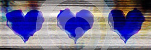 Dreamy sweet love bright falling hearts on digital glitch and distortion noise effect banner.